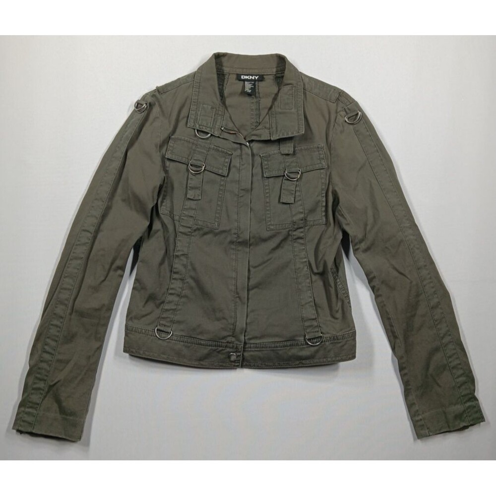 DKNY Womens Military Utility Jacket Small Army Green Cotton Blend Full Zip Moto